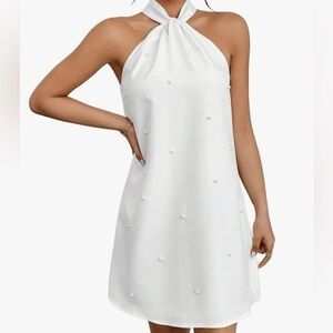 New Elegant Pearl-Studded Halter Neck White Mini Dress
